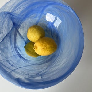 Hand Blown Blue Art Glass Bowl: Mid Century Modern Centerpiece