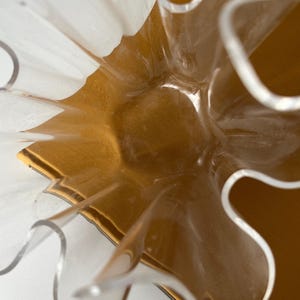 May include: A clear, wavy-edged decorative bowl with a gold-colored interior. The bowl's design features a series of curved, petal-like shapes, creating a unique and artistic appearance. The bowl is set against a white background.