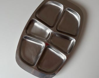 Bandeja de servicio vintage de acero inoxidable con divisiones - Vajilla moderna de mediados de siglo