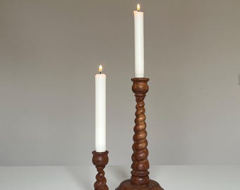 Vintage Hand-Carved Wooden Candleholders, Set of 2 | Mid-Century Modern Decor