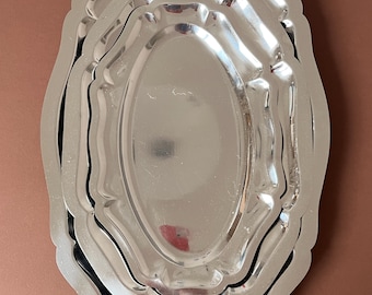 Vintage Stainless Steel Serving Tray with Ornate Scalloped Edge | Mid-Century Modern Minimalist Serveware