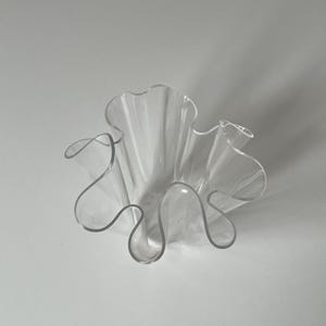 May include: A clear, decorative bowl with a wavy, ruffled edge. The bowl is made of transparent material and has a unique, organic shape. The bowl is designed to be a decorative piece.