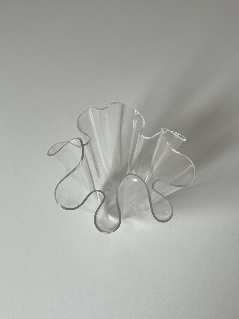 May include: A clear, decorative bowl with a wavy, ruffled edge. The bowl is made of transparent material and has a unique, organic shape. The bowl is designed to be a decorative piece.