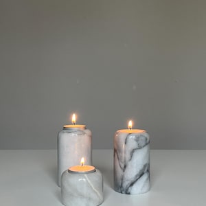 Vintage Marble Candle Holders Set of 3 | Natural Stone Tea Light Holders | Gray White Marble Home Decor | Minimalist Candle Accessories