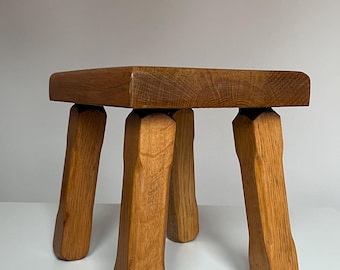 Vintage Brutalist Solid Wood Stool | Rustic Handmade Side Table