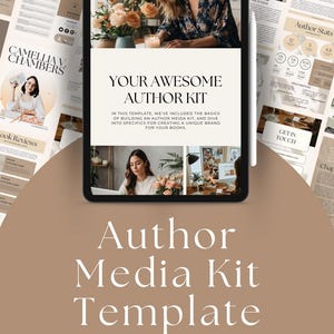 Può includere: Un modello di kit media per autori scaricabile digitalmente. Il modello è visualizzato sullo schermo di un tablet con una penna bianca accanto. Il modello presenta una tavolozza di colori neutri con uno sfondo marrone chiaro e testo bianco. Il testo sul modello recita "Your Awesome Author Kit" e "In questo modello, abbiamo incluso le basi per la creazione di un kit media per autori, e ci immergiamo nei dettagli per creare un marchio unico per i tuoi libri."
