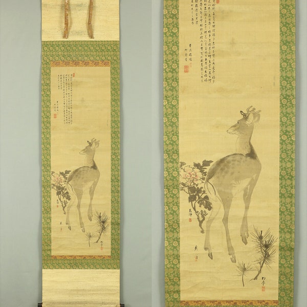 Collaboration~Shibata Gito, Kensai, Toyo, Shodo Japanese kakejiku kakemono hanging scroll DEER & PEONY E944 / Art Wall hanging Hand drawn