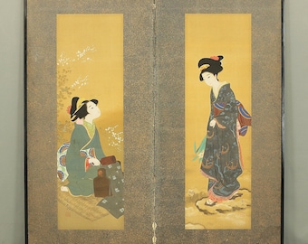 不動立山 Fudō Ritsuzan (1886-1975) Japanese Byobu Folding Screen Room divider 2 panels / Two Kimono Beautiful Women, White Bush Clovers VA213