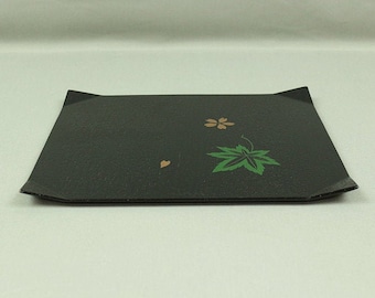 Wooden Black Plate Tray &quot;Sakura Cherry Petal & Maple Leaf&quot; Japanese Tea Ceremony V350 / Japan Post-1940 Wood Art Square Craft Free shipping