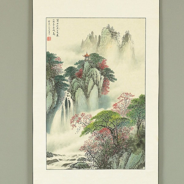 Rouleau mural chinois kakejiku kakemono/Montagnes brumeuses, fleurs, rivière Sansui, paysage RB281