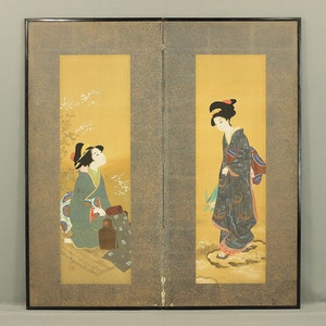 不動立山 Fudō Ritsuzan (1886-1975) Japanse Byobu kamerscherm scheidingswand 2 panelen / twee kimono mooie vrouwen, witte klaverblaadjes VA213
