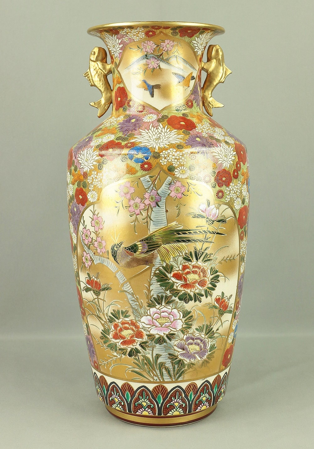 九谷幸仙 九谷幸仙 金彩九谷焼 花鳥図 金魚柄 飾り花瓶 45.8cm VA316