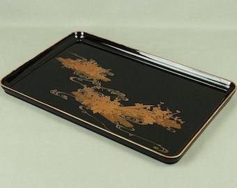 Makie Gold Lacquer Japanese Tray (Obon) design of Fowers Chrysanthemum Bush Clovers Plum with Box VA169