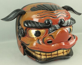 獅子頭 日本製 古漆塗り 金箔 目と歯付き 獅子舞頭 面 神楽 獅子頭