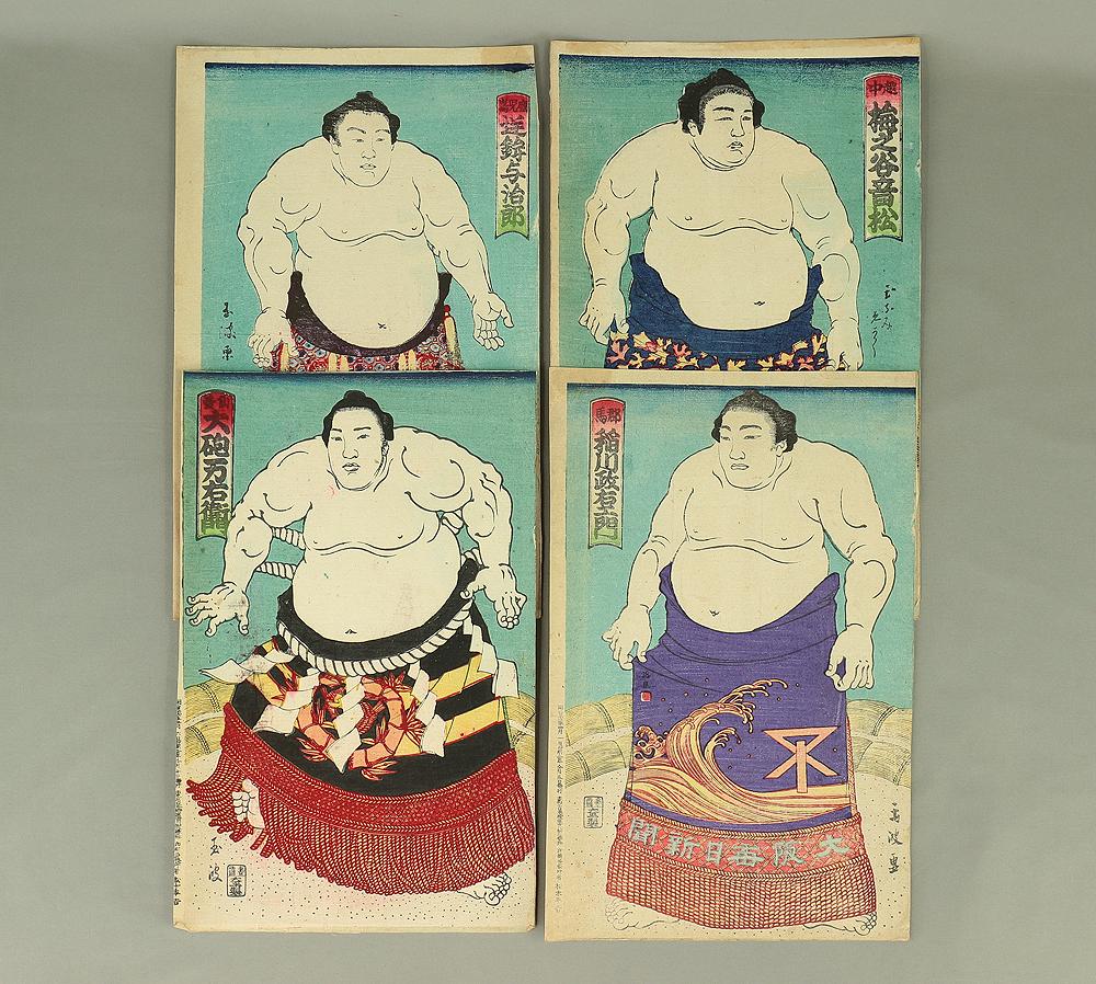 日本相撲絵葉書 15枚 揃い? 昭和8年～ タトウ 横綱 玉錦 力士 ブロマイド 玉波 日本のアンティーク オリジナル錦絵 多色木版画 4枚組 / 相撲力士