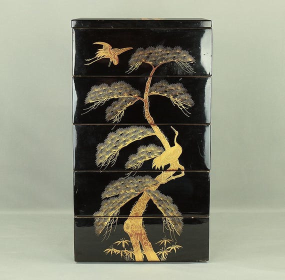 金色の松鶴 重箱 台付