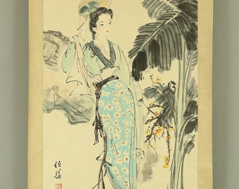 中国 Chinese art Big kakejiku kakemono wall hanging scroll / Beautiful woman wearing blue clothes, big leaf & flowers W306