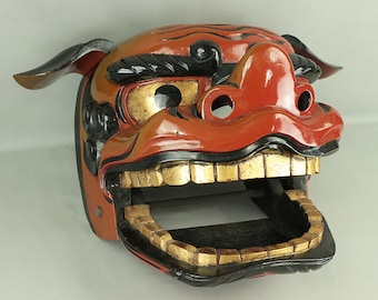 獅子頭 日本製 古漆塗り 金箔 目と歯付き 獅子舞頭 面 神楽