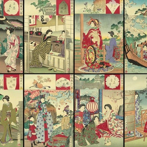 楊洲周延 YOSHU CHIKANOBU &quot;Imayō Tōkyō Hakkei 今様東京八景 (Eight Views of Modern Tokyo)&quot; Japanese antique art a set of 8 original woodblock prints