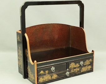 Handy Portable Tobacco Tray Box Gold Maki-e Urushi Lacquerware Age around 1900-1940 &quot;Gold Pine Tree design&quot; Traditional Ornaments V645