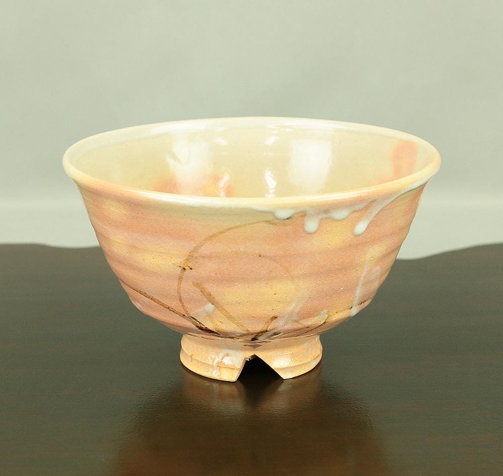 葉と橙色の花の茶碗 原清和 Hara Seiwa (b1939) Kyo Ware 京焼 'orchid - E Gohon