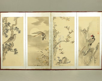 アンティーク 日本製 屏風 絵画 小さな屏風 手工芸品 1880年