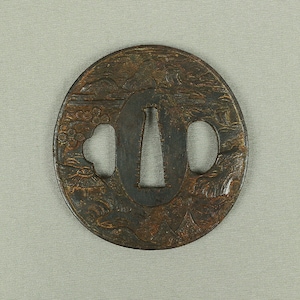 Iron Tsuba 'Diseño de paisaje Sansui' 江州住 宗典 Protector de espada katana samurai japonés Protección V922