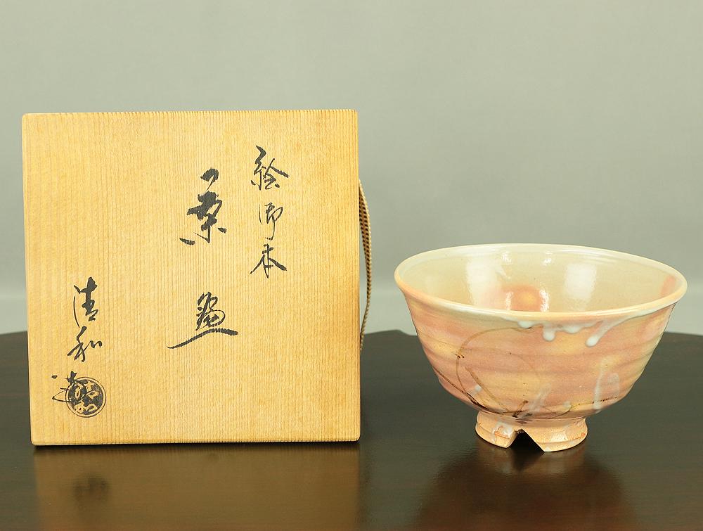 葉と橙色の花の茶碗 原清和 Hara Seiwa (b1939) Kyo Ware 京焼 'orchid - E Gohon