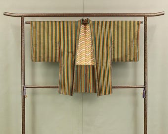 Haori Japanese Kimono Coat with Yellow Color based Pattern Shima Stripe KI178