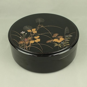 Puede incluir: Una caja redonda lacada en negro con una tapa que presenta un diseño floral en dorado y otros colores. La caja tiene un acabado brillante y un diseño simple y elegante. El patrón floral incluye flores y follaje estilizados.