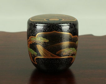 藤原昭二（1964年生まれ）金蒔絵「松、波、舟の風景」夏目茶筒／茶道用