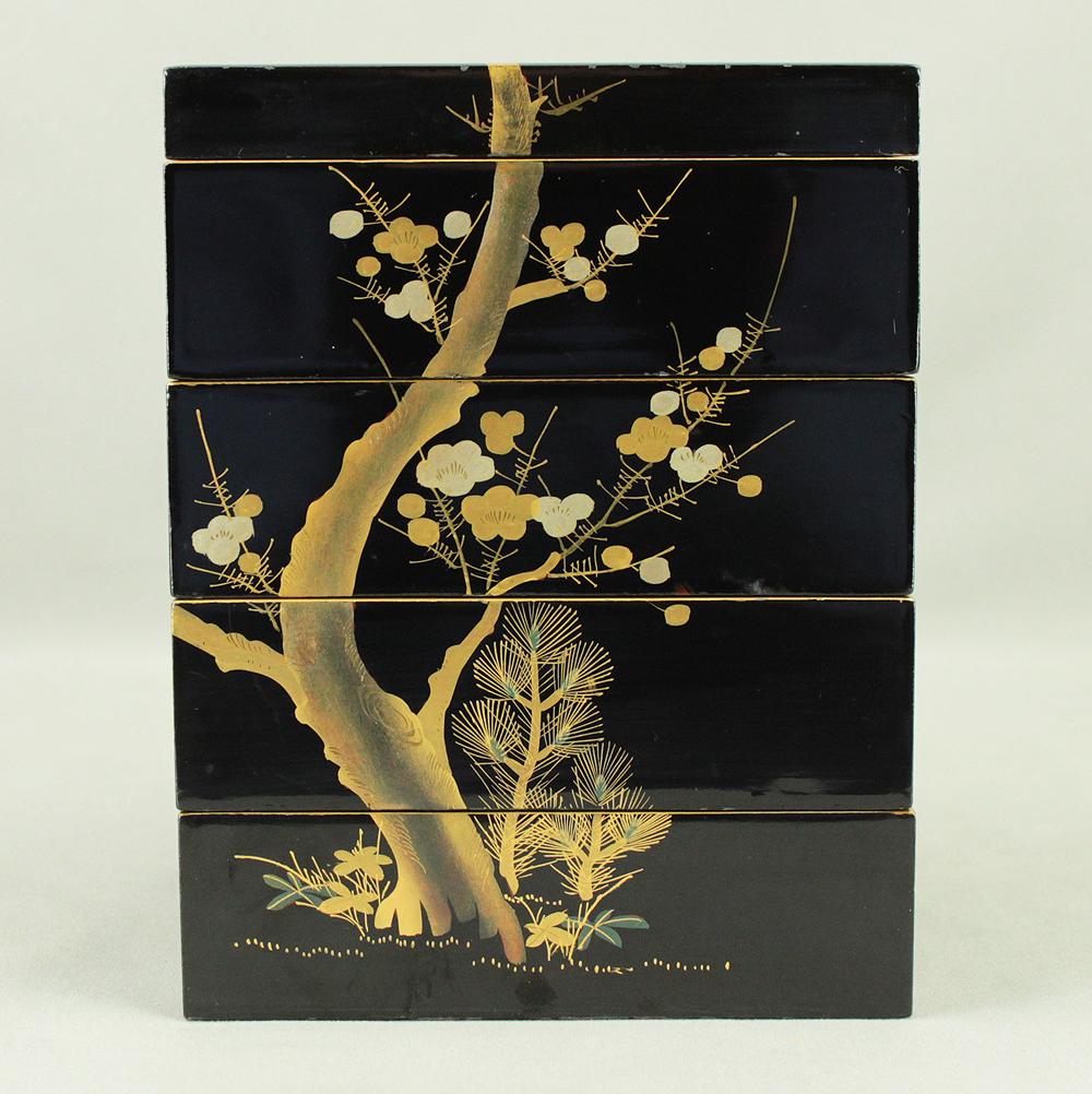 携帯用四段重箱 蒔絵本漆塗り「鶯・松竹梅」 オリジナル箱付（友箱