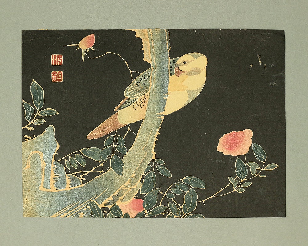 Ito Jakuchu 伊藤若冲 (1716-1800) 'Roses and Parrot' 薔薇に鸚哥図