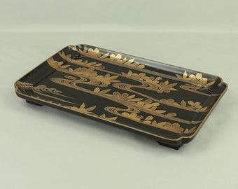 Makie Gold Lacquered Japanese Tray Stream Cherry Flowers VA459