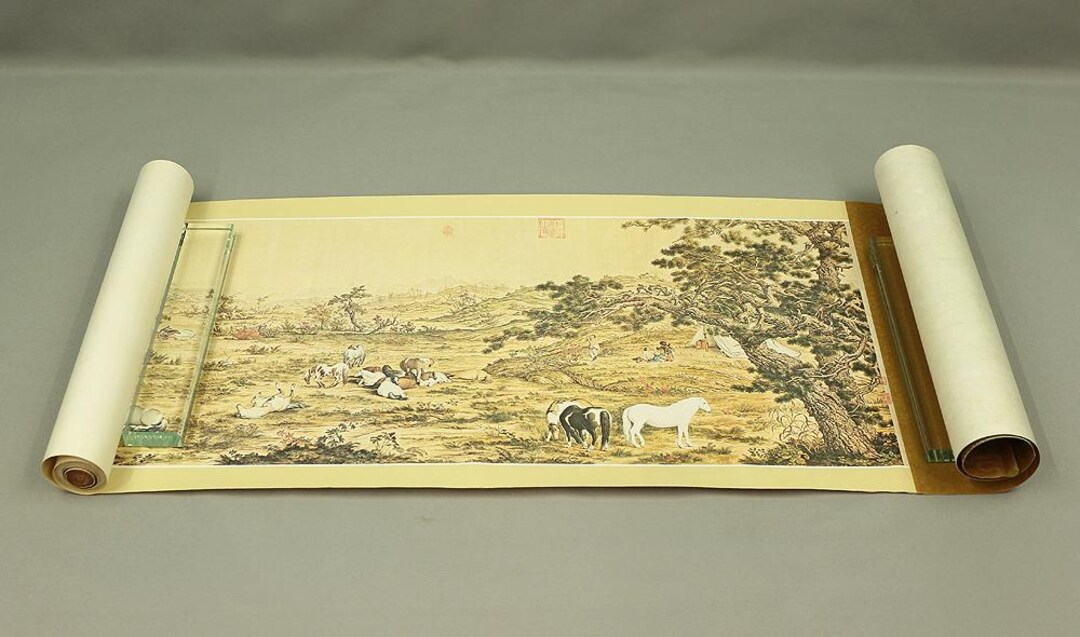 巻物　郞世寧百駿圖 巻物 郞世寧百駿圖 Reproduction scroll of old painting - Silk