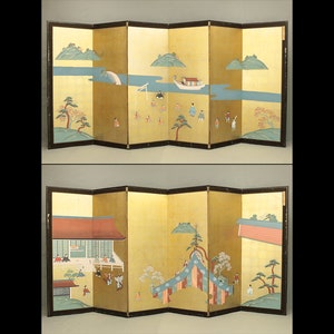 土佐光貞 Tosa Mitsusada (1738-1806) Japanese Paired Byobu 6 panels Folding screens "Gold Leaf Yamato-e (Classical Japanese style painting)