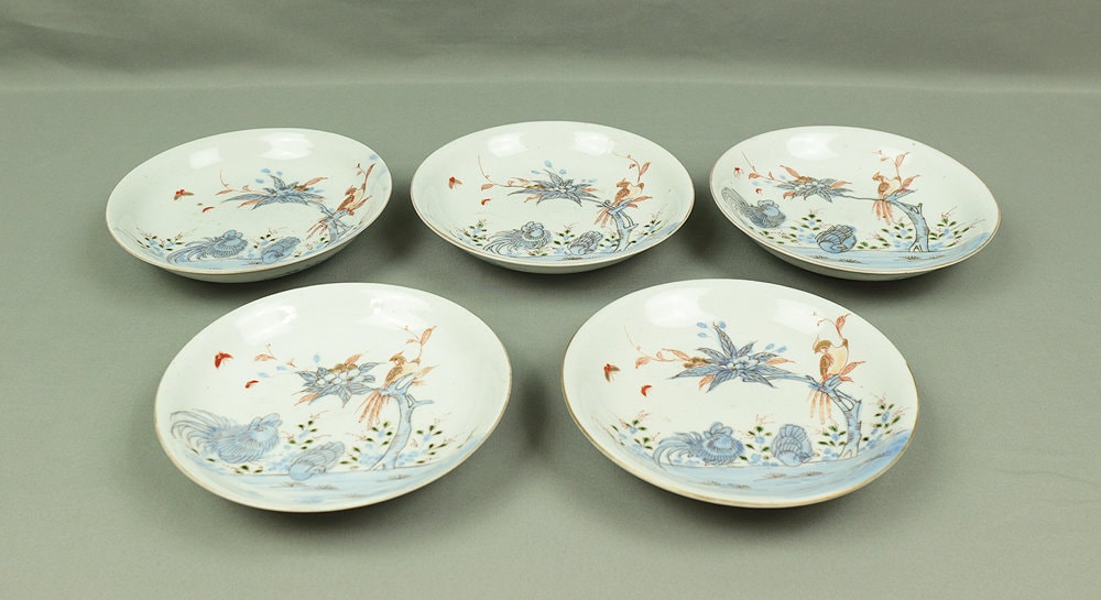 Old KO-IMARI NISHIKI Multi-colored Japanese Plates 5pcs Cherry & Birds with Box V367 / Dish Plants Butterfly Tableware Pottery Free Shipping