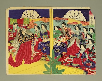楊洲周延 Yoshu Chikanobu (1835-1912) Japanese Original Ukiyo-e woodblock print / 'Hino Dojoji Bijin no Haru Oku' 比能道成寺美人之春奥 Two out of Triptych