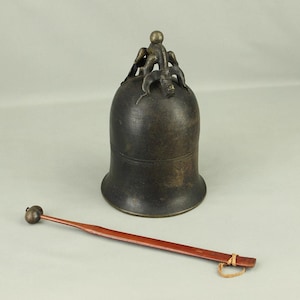 Qing Dynasty Bronze Beast Decorated Temple Bell Hanging Bell Bonsho 20cm 2.5kg with Bell Hammer and Box VA714