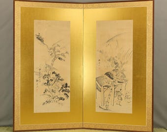 与謝蕪村 Yosa Buson (1716-1784) Gold Leaf Framed Two Panels Folding Screens Byobu Room Dividers VB127