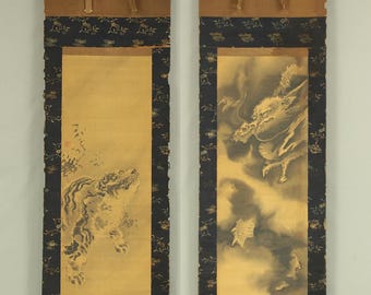 山口南嶺 日本の古美術 掛け軸 対 掛け軸 / 水墨 龍と虎 箱付き RD508