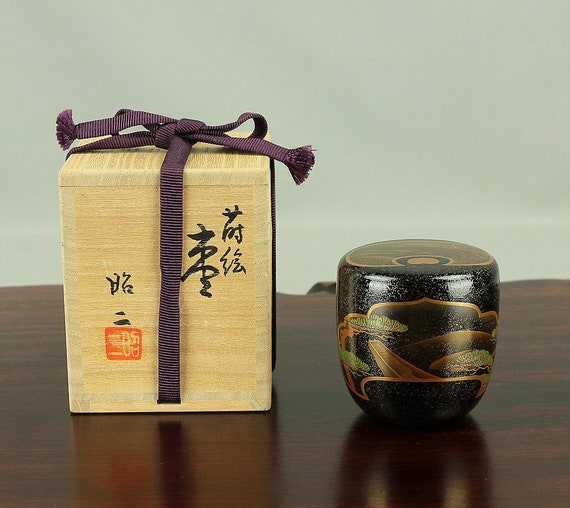 藤原昭二 藤原章二 (1964年生) 蒔絵松波舟図棗茶筒 茶道具 箱付 - Etsy