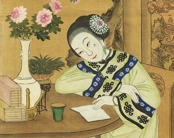 中国 清朝 掛軸掛け / 椅子に座る美女 A355 - Etsy 日本