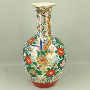 Jarrón grande de cerámica Kutani 'Flores y pájaros' Jarrón decorativo 47,4 cm VA317