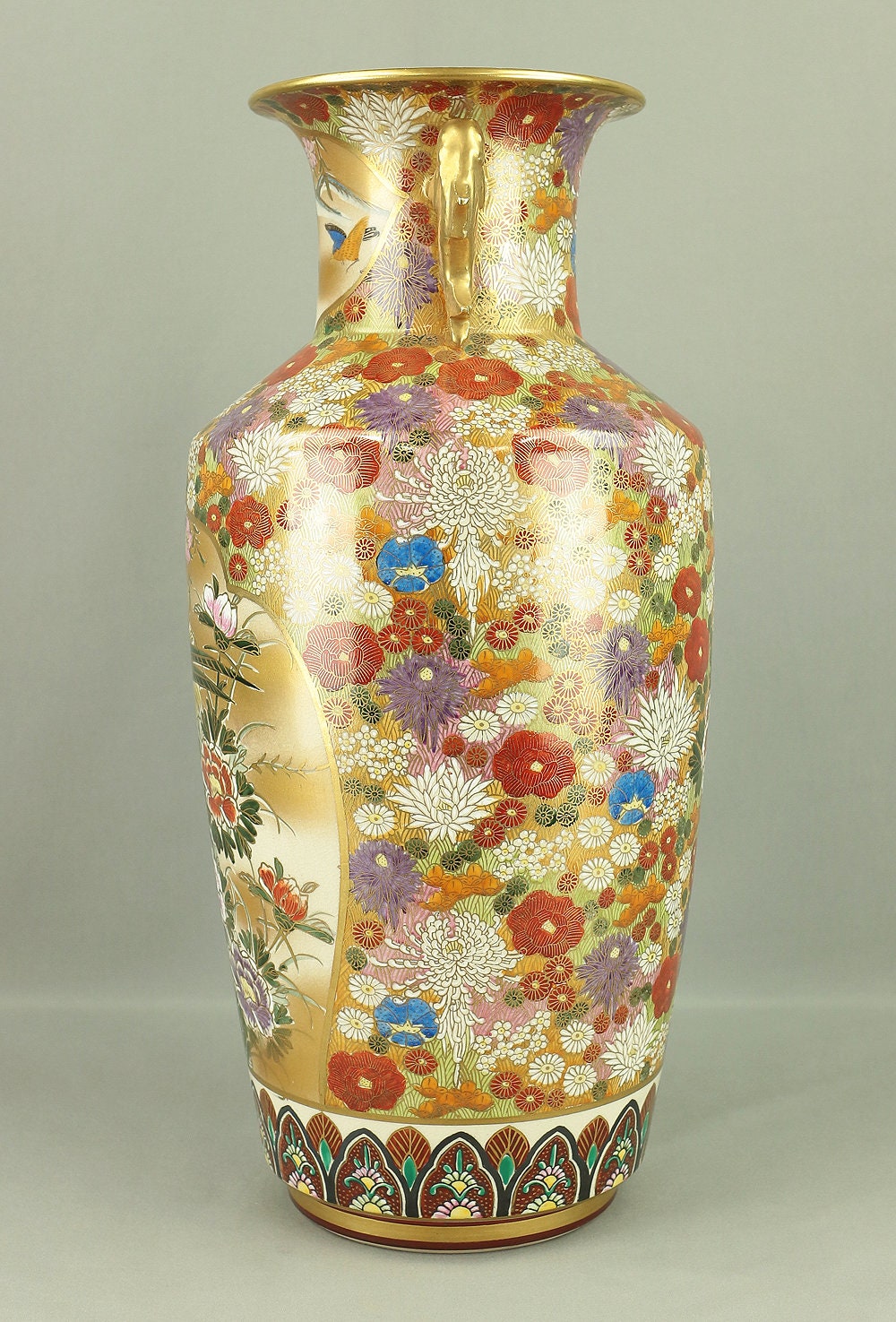 九谷幸仙 九谷幸仙 金彩九谷焼 花鳥図 金魚柄 飾り花瓶 45.8cm VA316