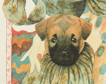 米倉斉加年 米倉正兼 1970-90年頃 日本のリトグラフ「娘と子犬」「娘と