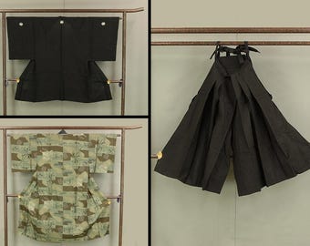 Haori Japanese Men&#39;s Kimono Coat Kuro Montsuki and Hakama and Kimono Green Color based 3pcs KI170
