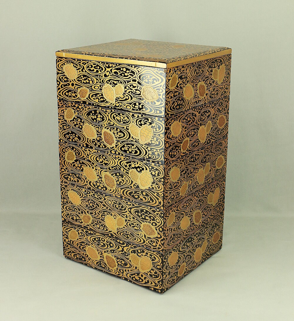 明治期？古漆器 富士風景図変わり 金蒔絵 五段重箱 a0386 明治期？古漆器 富士風景図変わり 金蒔絵 五段重箱 a0386
