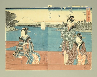 日本の浮世絵、木版画、広重作、「四条川の川床で夕涼を楽しむ