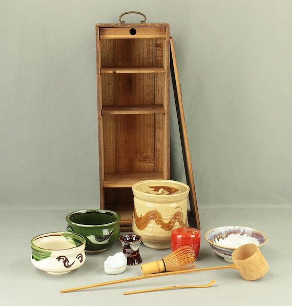 Japanese Portable Tea Ceremony Utensils 10pcs Chest Box 'tanzaku